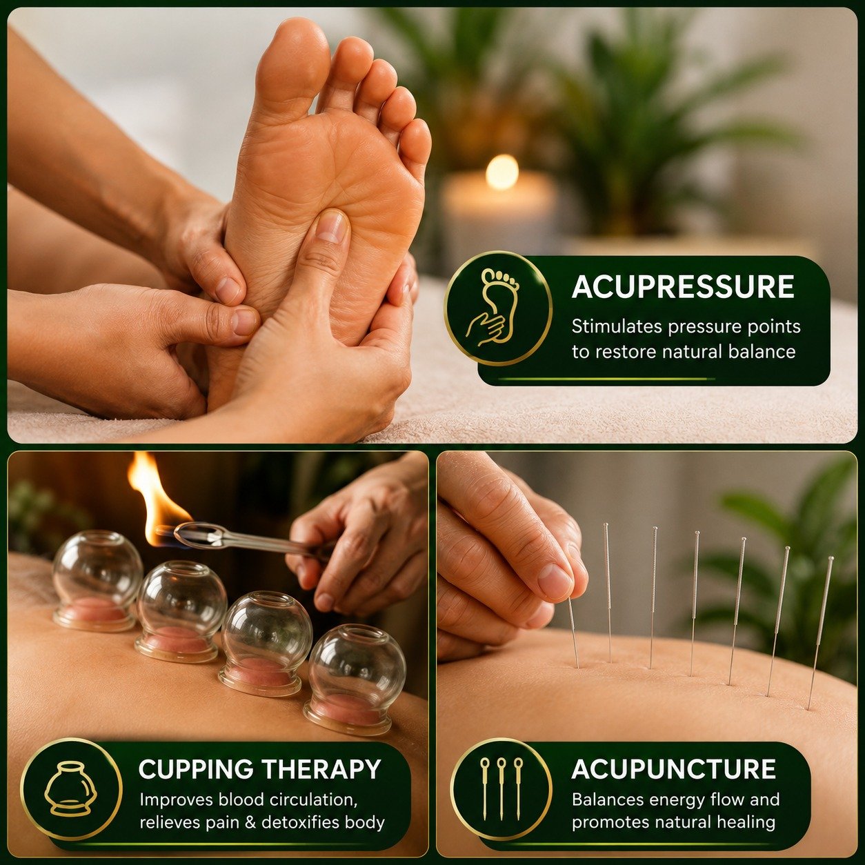 Acupressure, acupuncture and cupping wellness treatment images